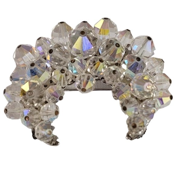 Silver Tone AB Cluster Beaded Crescent Moon Style Brooch Pin E20 - Picture 4 of 11